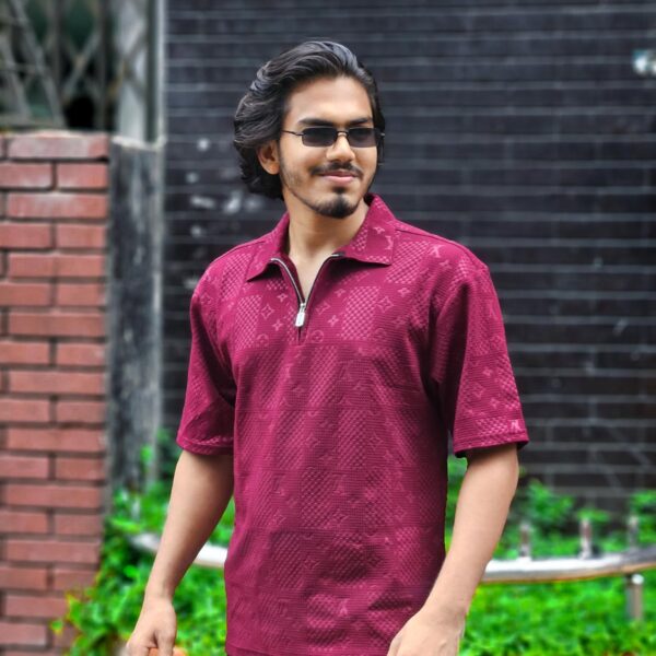 Tailored Zipper Polo with China original Embryos fabric- Colour (Maroon)